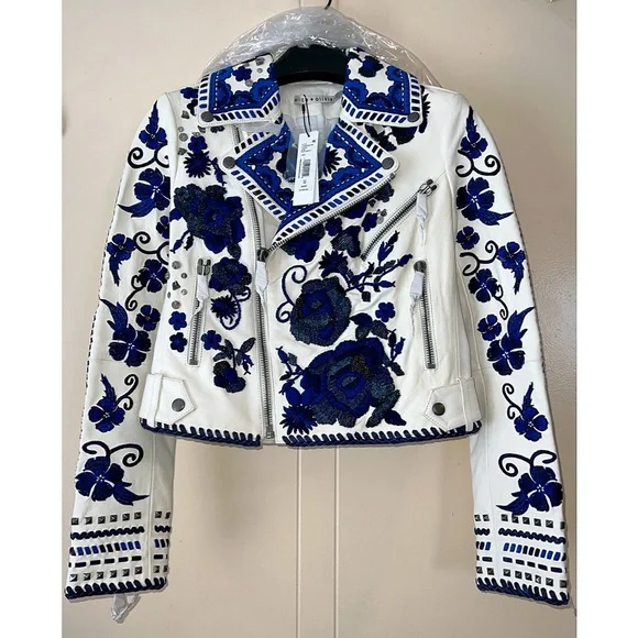 Alice + Olivia Cody Embroidered Floral Embellished Leather Moto Jacket - Picture 8 of 16